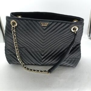 Victoria's Secret Black V-Quilt Shoulder Tote Bag Gold Chain Strap Purse s11